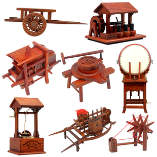 红木工艺品中国风木雕缩微型木风车石磨，独轮车纺车摆件微缩花轿子