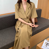 韩国chic夏季法式气质西装领双排扣系带收腰显瘦短袖中长款连衣裙