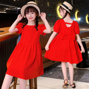 夏季女童连衣裙短袖雪纺圆点红色，公主裙2022韩版中大童裙子潮