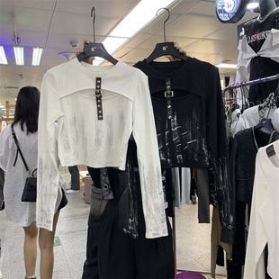 设计感胸前镂空长袖T恤女2024春季上新韩版休闲气质皮带上衣潮