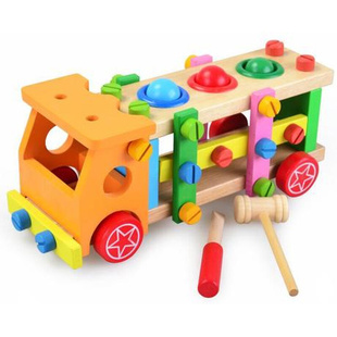 木质儿童积木拆装螺丝车，男孩益智敲球车螺母组合拼装可拆卸玩具车