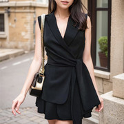 高端轻奢女装小众设计感黑色，气质名媛ol通勤系带西装裙连衣裙短裙