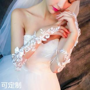 白色公主新娘结婚婚纱礼服蕾丝露指勾指手套薄长款绑带绣花朵水钻
