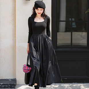 优雅法式复古方领弹力，针织拼接大摆中长款连衣裙小黑裙