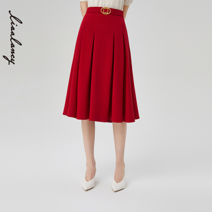 lancy朗姿俪雅2023春季高腰，新年红色半身裙女显瘦高级感裙子