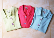 外贸亚麻料女士上衣，麻料短袖衬衫，绿色粉红色蓝色蝴蝶_4506