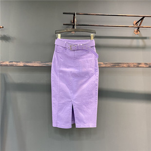 紫色半身裙2024春季韩版中长款高腰包(高腰包，)臀裙开叉一步裙牛仔长裙