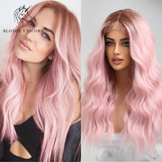 欧美小T蕾丝中分渐变粉色小波浪卷发假发女 pink crimp long wigs
