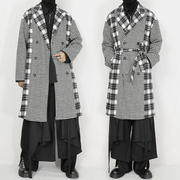 秋冬季毛呢大衣男长款外套小众韩版双排扣格子系带宽松呢外套