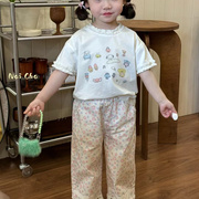 女童夏季休闲舒适套装2-6岁女宝卡通纯棉圆领短袖t恤+碎花直筒裤