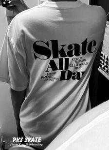 pks小众限量独特滑板街头skateallday大图案，白色短袖圆领t恤