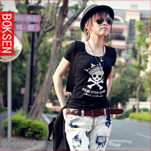 BOKSEN 2011韩版夏装新款修身百搭窟窿头印花圆领纯棉短袖T恤 女