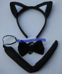  新年用品动物头箍发箍发卡-黑猫耳朵尾巴领结三件套