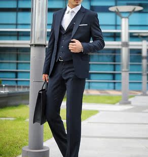  男西服商务西服修身西服藏青色西服套装职业装面试西服西装套装男