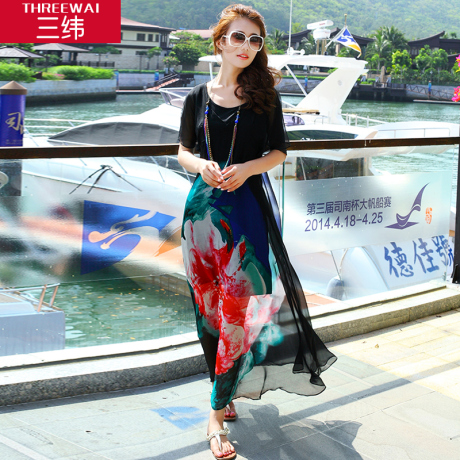 三纬真丝长裙 欧美风格印花显瘦 桑蚕丝波西米亚短袖夏季连衣裙商品大图