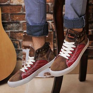  秋天新款柳钉高帮休闲板鞋男式中帮牛仔帆布鞋男士做旧水洗复古鞋