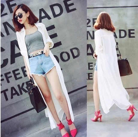 1 2014年夏季气质时尚超<em>长款白色开衫</em>雪纺防