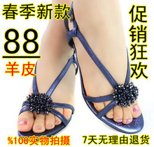 2012春新款百丽正品羊皮春夏款串珠凉鞋细带中跟女鞋秒杀特价