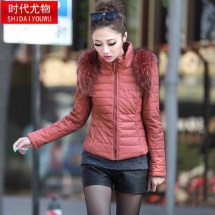  新款冬装 韩版修身短款 大毛领大码外套貉子毛领水洗皮棉衣女