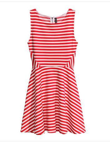 H&M 柔软汗布短款红白条纹无袖连衣裙缝接腰