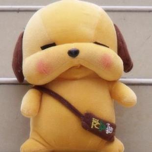 大小的毛绒狗狗玩具,整个面部表情是笑眯眯的