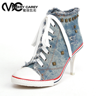  蜜丽凯莉秋季新品牛仔防水台 韩版高帮帆布鞋 柳丁高跟帆布鞋 女