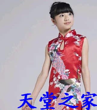 1-10岁女孩穿的丝质孔雀旗袍 演出服装 儿童旗