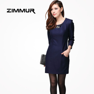  预售zimmur秋冬新款修身OL秋冬连衣裙秋羊毛呢女装正品裙子
