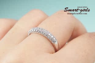  美丽说三排钻戒指 女款925纯银镀铂金订婚瑞士钻大码戒子可做对戒