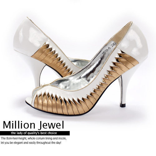 365天包退换 millionjewel精致手工金色反摺魅影羊漆皮鱼嘴高跟鞋