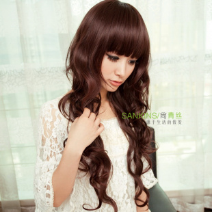 Black hair girl wig long fluffy oblique wave high temperature wire long curly hair wig fringe girl