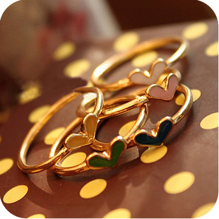  满35包邮 OD0223 欧美复古 彩釉可爱爱心金色 5件套 戒指4g
