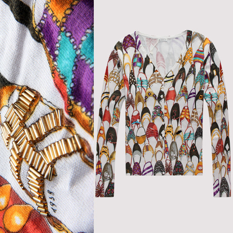 三生花 手工<em>缝</em>珠百鞋<em>图案</em>羊绒混纺针织衫<em>开衫</em>