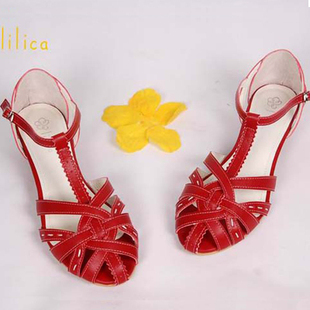  韩版专柜正品牛皮真皮包头交叉绑带镂空中跟方跟粗跟舒适女鞋凉鞋