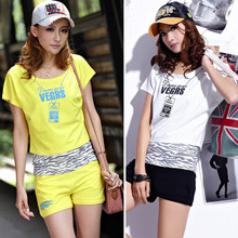 2012夏季新款运动服套装女款 韩版短袖圆领T恤吊带短裤三件套套装