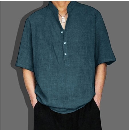 潮男装亚麻短袖T恤立领中式麻料子上装特大号
