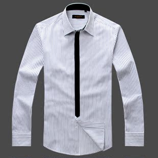  特价秋装新品男装时尚休闲修身白色条纹长袖衬衫男士长袖衬衣