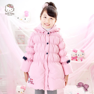  特价hellokitty 冬装80%白鸭绒连帽女童羽绒服中长款儿童羽绒服