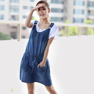  夏季新款 女款牛仔连衣裙 收腰大口袋连衣裙 韩版牛仔