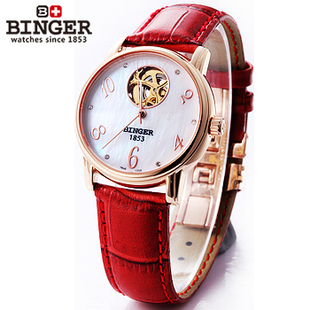  新款！正品宾格手表镂空全自动机械女表时装表红色皮表带女士手表