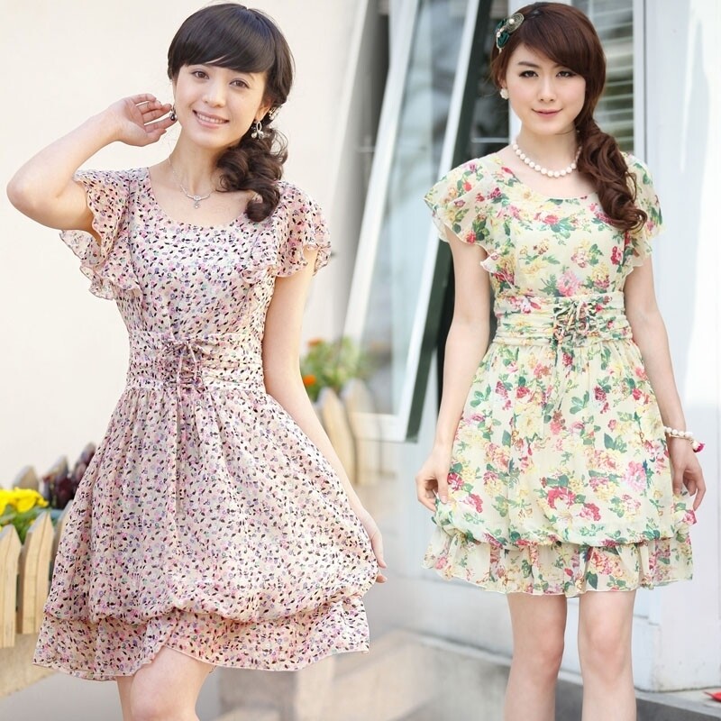 女 2012夏季新款 小碎花 正品<span class=H>三彩</span>风 淑女修身型 短袖雪纺连衣裙