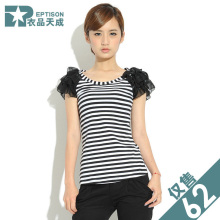 衣品天成 新款t恤女短袖韩版<span class=H>打底</span>T 蕾丝条纹拼接女士短袖T恤 T059