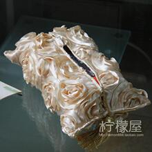田园抽纸套 漂亮带金边立体大玫瑰花 纸巾盒套纸巾套 香槟色 特价