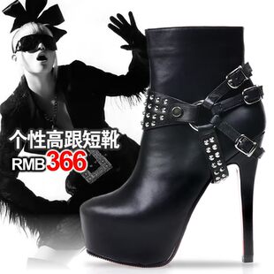 厚底摇滚骑士靴 防水台超高跟鞋铆钉秋冬短靴秋女靴真皮靴黑色