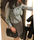 2012新款唯美风琴褶蝴蝶结绑带小船锚印花雪纺衬衫衣 女长 优质版