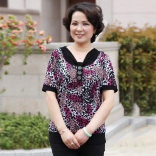  莎瑞 品牌妈妈装 中老年女装夏装新款三粒扣V领短袖衫 t恤
