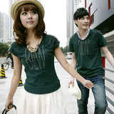 2012新款夏装蓝天麦子情侣装时尚V领韩版女装大码夏季短袖T恤衫