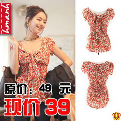 2012夏装新款女装 韩版 红色小碎花蝴蝶结甜美收腰短袖衬衫w116