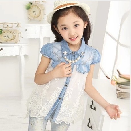 2014新款童装夏装韩版女中大童短袖泡泡袖衬