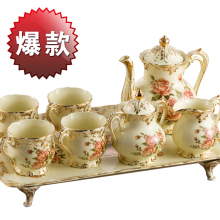 8头高档咖啡杯壶套装/欧式/玫瑰/结婚礼物礼品陶瓷茶具